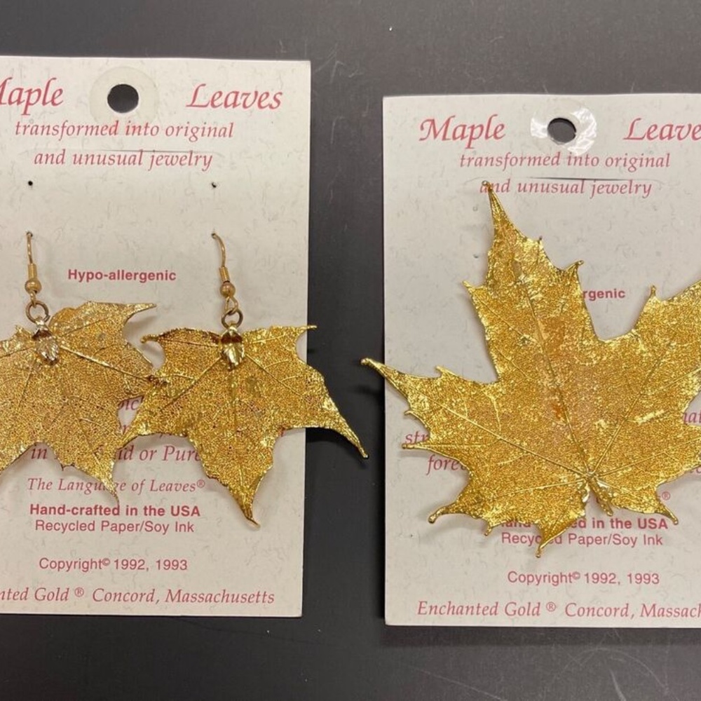 Real Maple Leaves Covered with 18K Gold Hand-crafted Vintage Brooch & Earrings